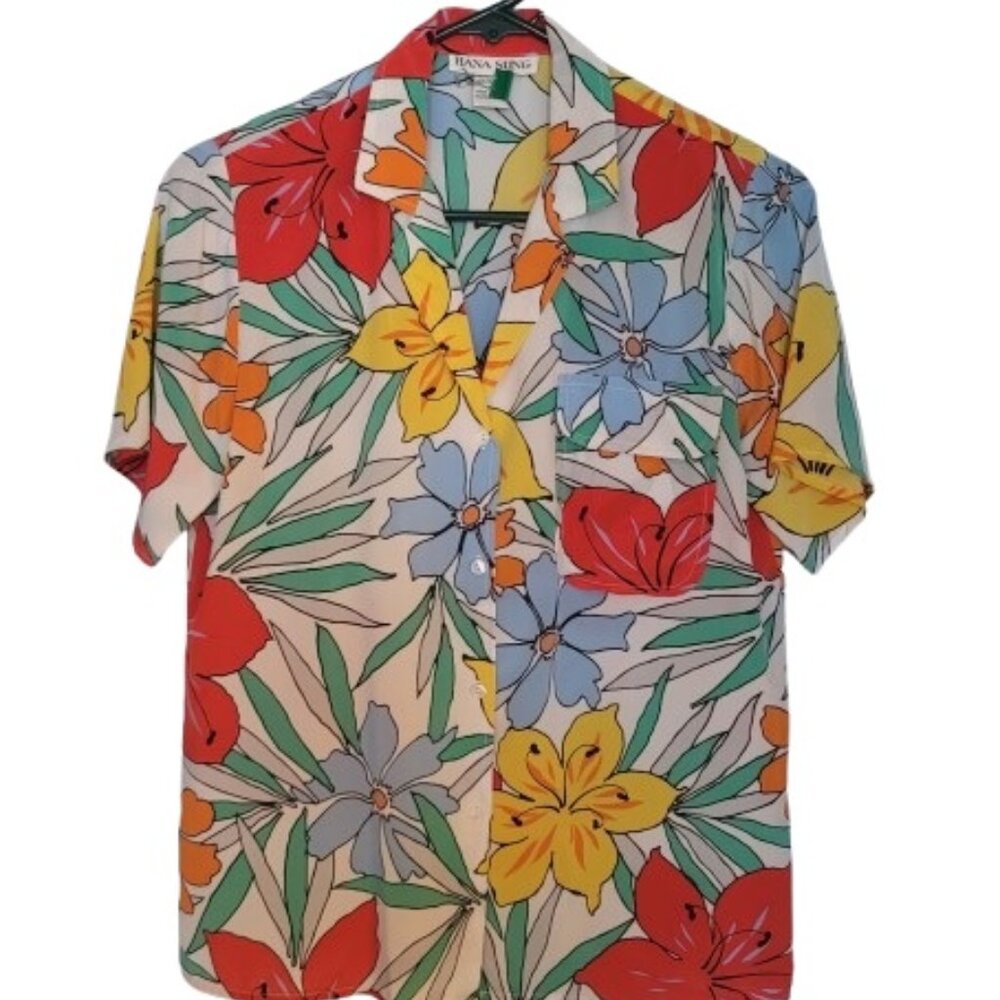 Hana Sung Short Sleeve White w/Floral Print Button Down Blouse Size 6